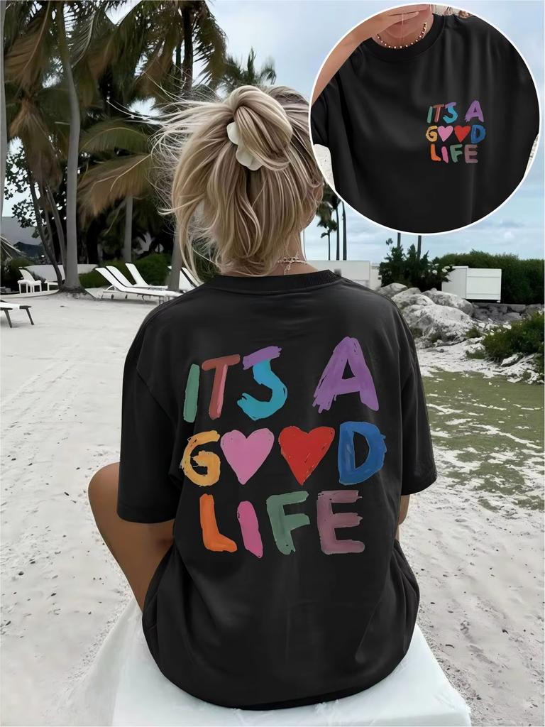 Unisex Its A Good Life Letter Heart Graphic Tshirt Colorful Slogan Print Casual Inspirational Tee For Unisex Unisex