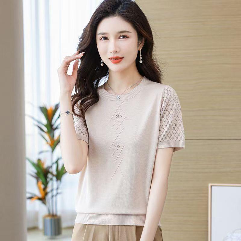 Женская летняя тонкая однотонная трикотажная футболка Hollow Ice Silk с коротким рукавом, новый модный топ с круглым вырезом