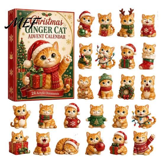 Festive Room Decor Christmas Cat Advent Calendar, 24 Day Countdown with Cute Ornaments, 2D Acrylic Kitty Holiday Decorations, Gift for