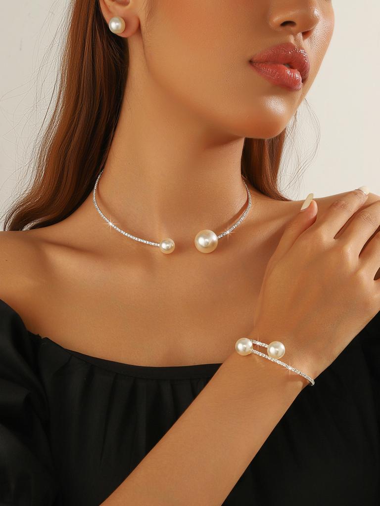 Popular European and American Popular Silver-plated Collar Bracelet Set Imitation Pearl Temperament Collar