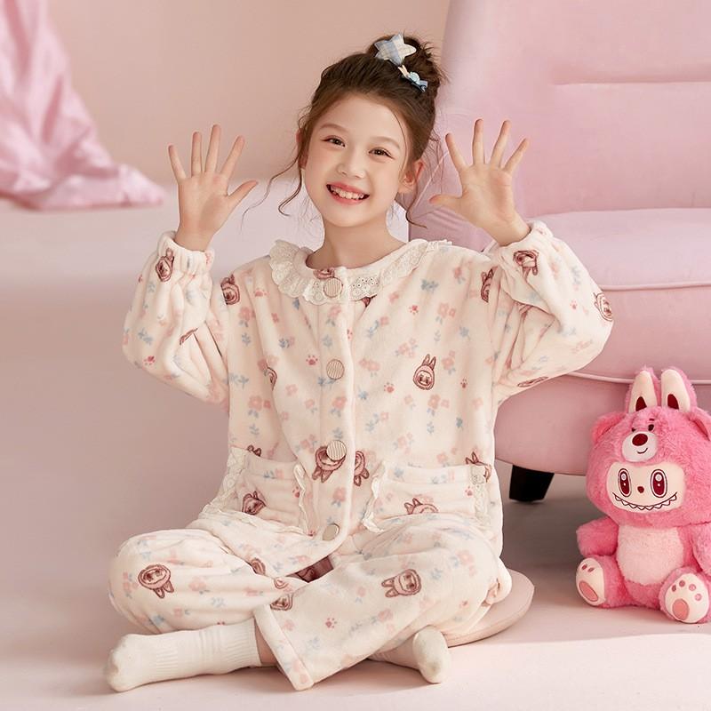 Girls Warm Coral Fleece Pajama Set Long Sleeve Thickened Cartoon Print Home Wear Winter