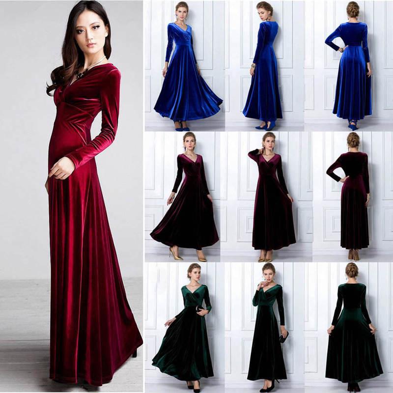Womens Autumn Dress Velvet Long Sleeve V Neck .