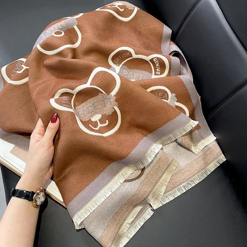 Autumn and Winter Imitation Cashmere Warm Thickened Scarf Bear Pattern Frame Short Beard Scarf Shawl Dual-purpose