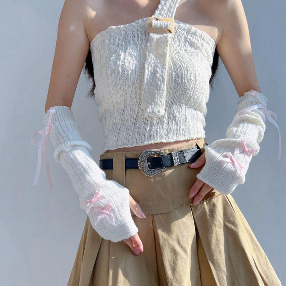 Бантик Y2K Теплые рукава Эластичные перчатки без пальцев Вязаные гетры с бантом в балетном стиле Лолита