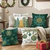 Festive Decorative Green Christmas Tree Linen Printed Cushion Cover Snowflake Bell Sofa Living Room Bedroom Cushion Cover