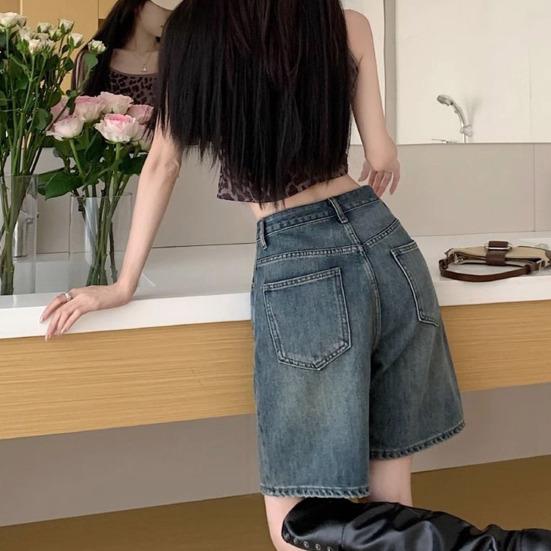HWomen Denim Shorts High Waist Vintage Washed Straight Wide Leg Pure Color Button Zipper Closure Streetwear Knee Length Jeans Short Pants