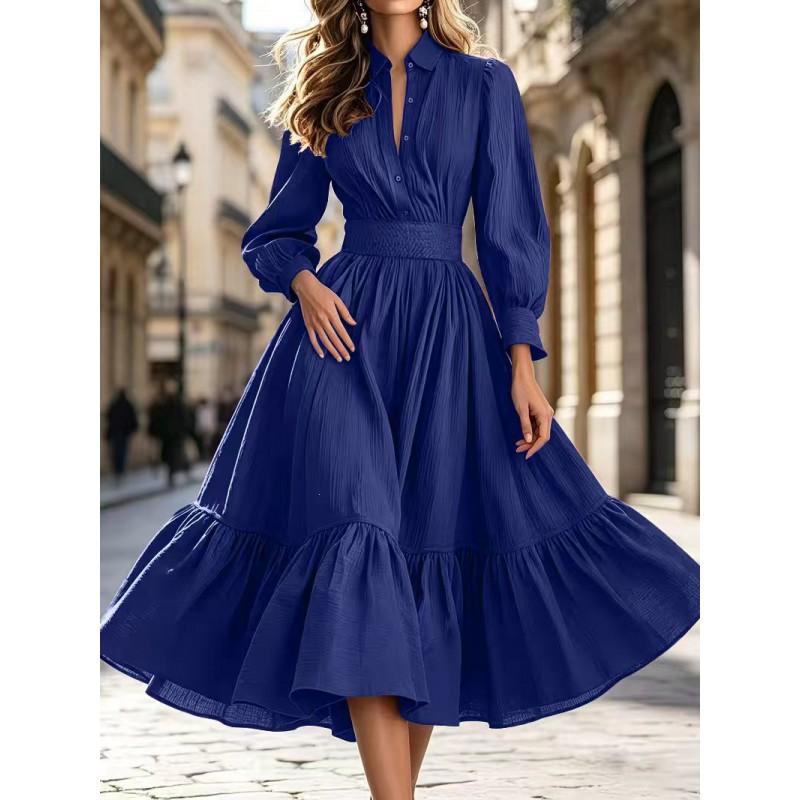 Womens Long Sleeve Dress 2026 A-Line Flared Skirt Slim Waist Shirt Collar Single Breasted Office Party Daily Wear