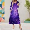 Women Plus Size Long Sleeve V Neck Butterfly Printed A Line Midi Dress With Pockets