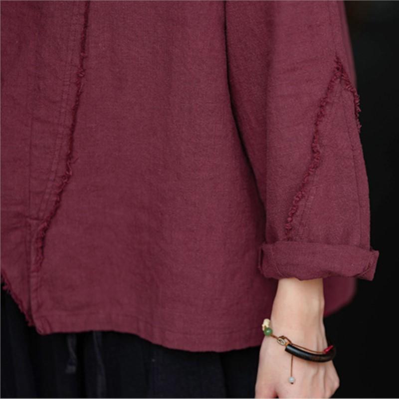 Johnature Футболки женские в китайском стиле с V-образным вырезом и длинным рукавом, однотонные, в стиле пэчворк, винтажные футболки