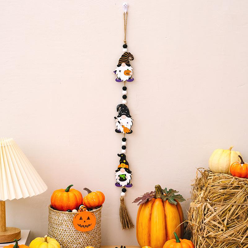 1PC Halloween Wooden Beads Pendant Gnome Pumpkin Bat Ghost Hanging Ornaments for Wall Home Party Tray Decoration Prop