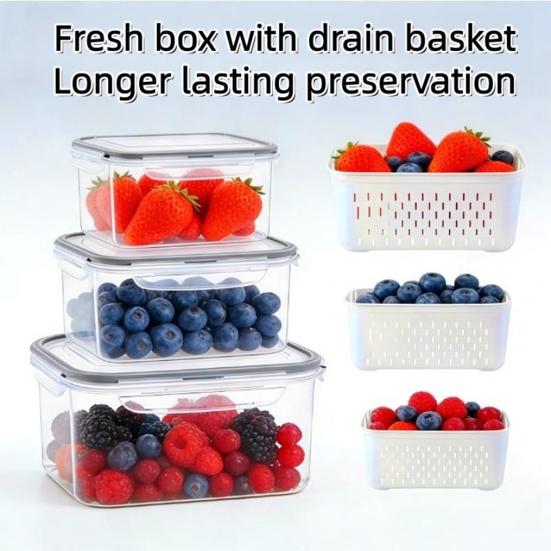 6 Set of Large-Capacity Refrigerator Fruit Preservation Containers, Comes with a Detachable Drain Basket, Sealed Food Storage Co