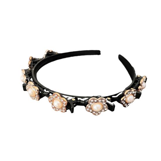 Shining Rhinestone Faux Pearls Flower Decor Women Headband Non-slip Elastic Double Layer Bangs Clips Hair Hoop Hair Accessories