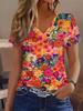 2025 New Summer Women's Floral Print T-shirt V-neck Short Sleeve Street Casual Daily Basic Tops Women's Summer Pullover