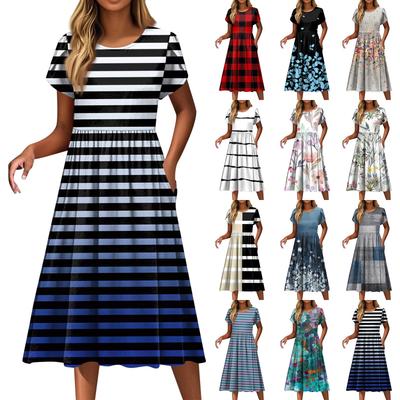 Женские платья Винтажные цветочные платья с круглым вырезом и коротким рукавом