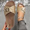Cool Slippers Women's 2025 New European and American Large-size Sequins One-word Buckle Women's Slippers Boken Shoes 2025