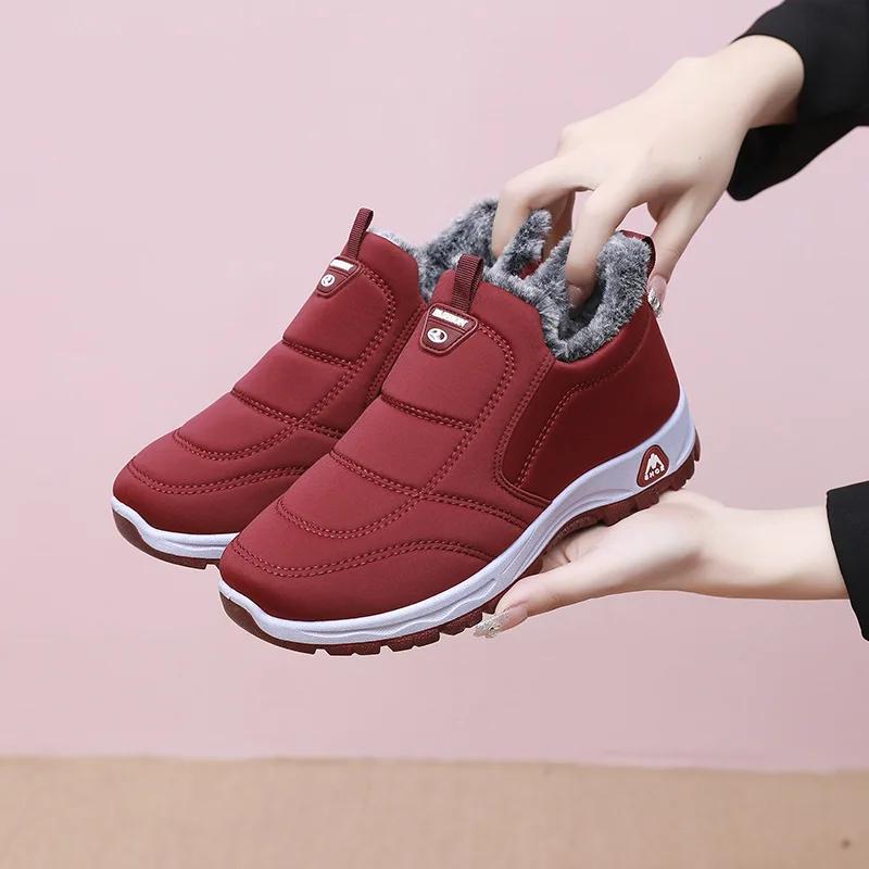 Зимние утепленные флисовой подкладкой кожаные нескользящие теплые хлопковые туфли для женщин в стиле Старого Пекина, удобные туфли на плоской подошве