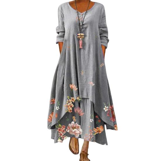 Spring Fall Dress with Pockets Vintage Flower Printing Irregular Layerd Hem Loose A-line Maxi Dress for Daily Work Party