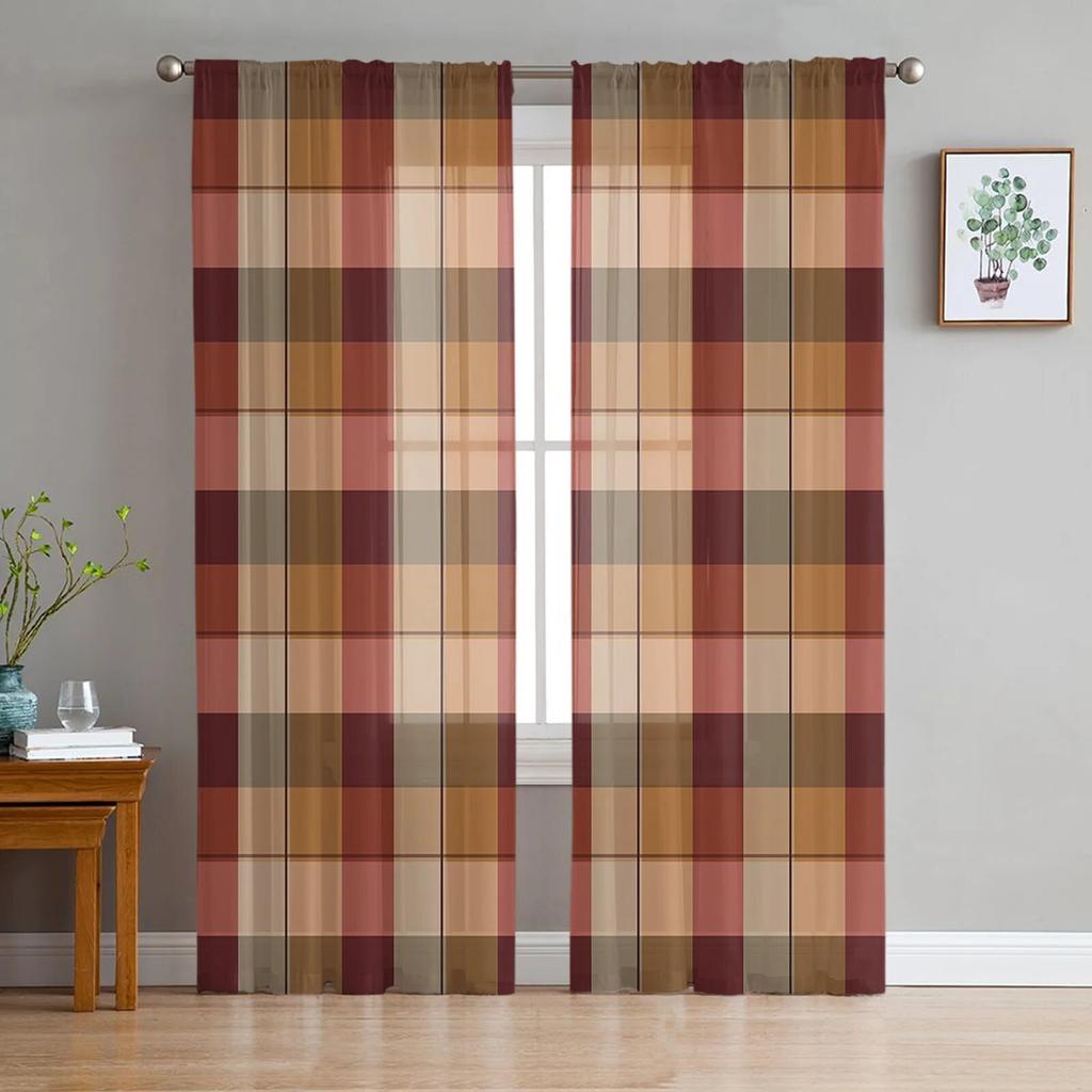 Black Grey Plaid Tulle Curtains For Living Room Bedroom Modern Chiffon Sheer Kitchen Curtains