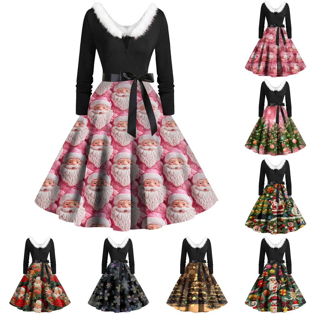 Women's Fashion Round Casual Slim Fit Christmas Print Large Swing Long Sleeve Dress