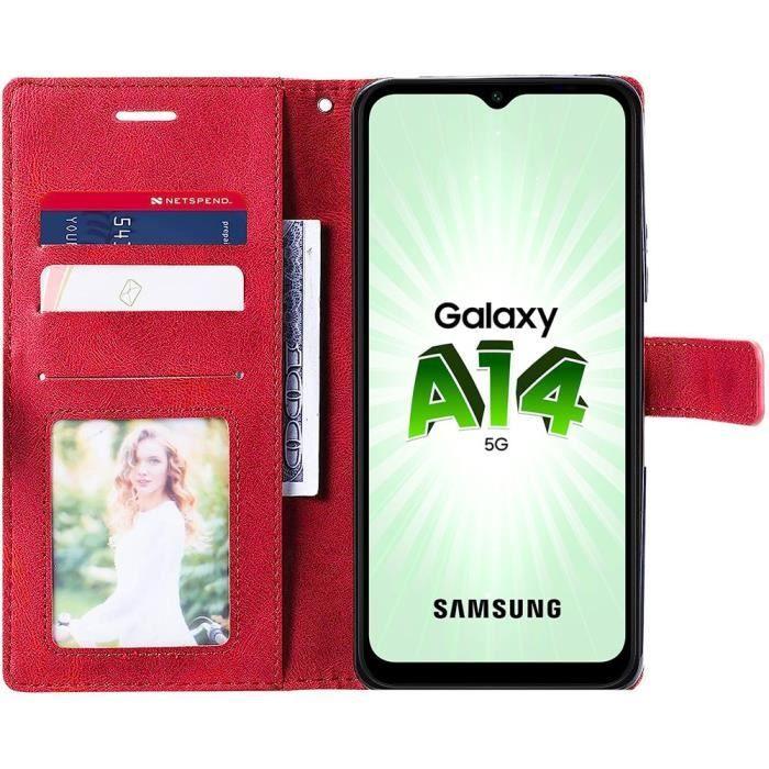 Coque pour Samsung Galaxy A14 5G-4G, Protection Rétro Antichoc en Cuir PU avec Porte-Cartes et Fonction de Support Rouge