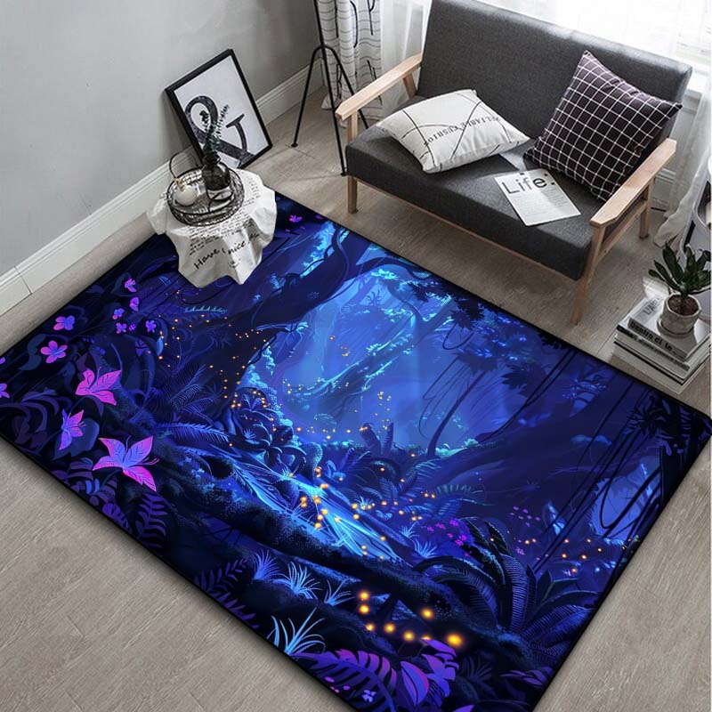 Magical Purple Glow Mushroom Forest Area Rug, Fantasy Butterfly Night Scene Floor Mat for Living Room Bedroom