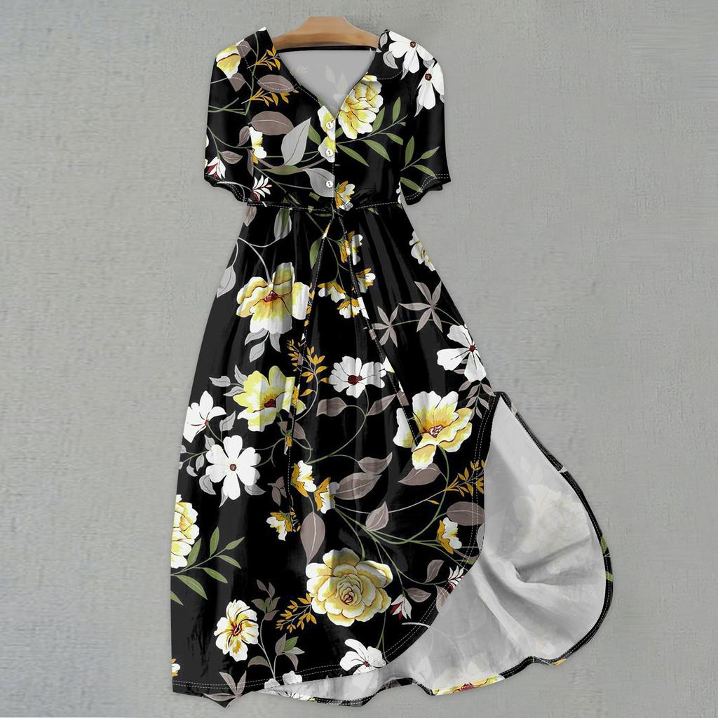 Женская мода повседневное платье с воротником с лацканами и короткими рукавами с принтом и ремнями