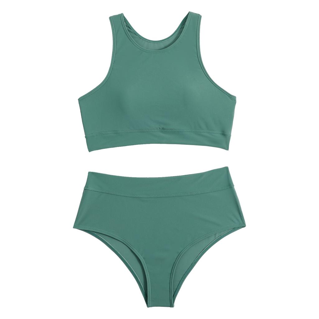 Women's Solid Color Tank Top Swimsuit Ladies Split High Waist Swimsuit Two-Piece Set