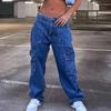 2023 Fashion Dark Blue High Street Loose Denim Jeans For Women Casual Mid-waist Solid Cargo Pants Autumn  Ladies Jeans 30203