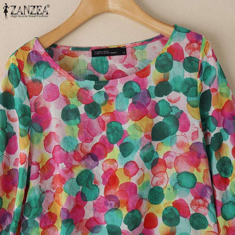ZANZEA Women Print Casual Round Neck 3/4 Sleeve Loose Blouse