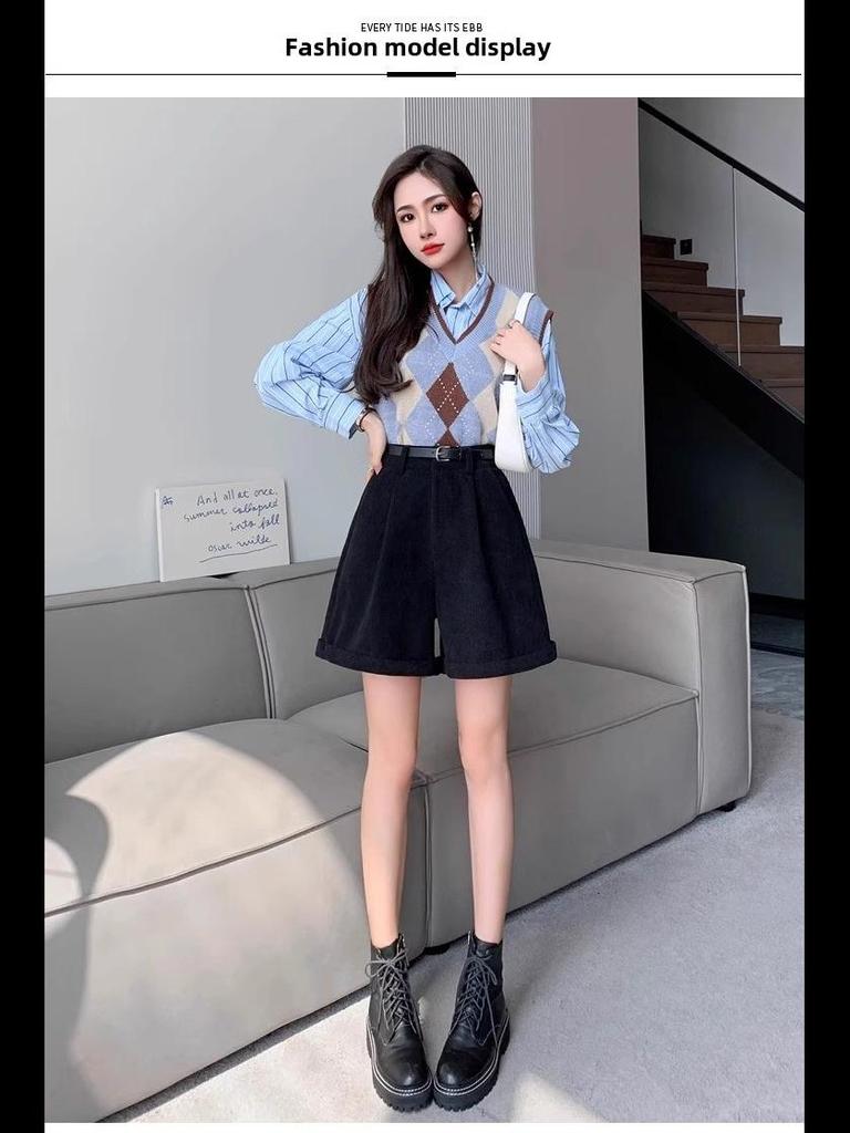 Женские шорты из вельвета с высокой талией - осень/зима, облегающий свободный крой, широкие штанины, корейская мода Майяра