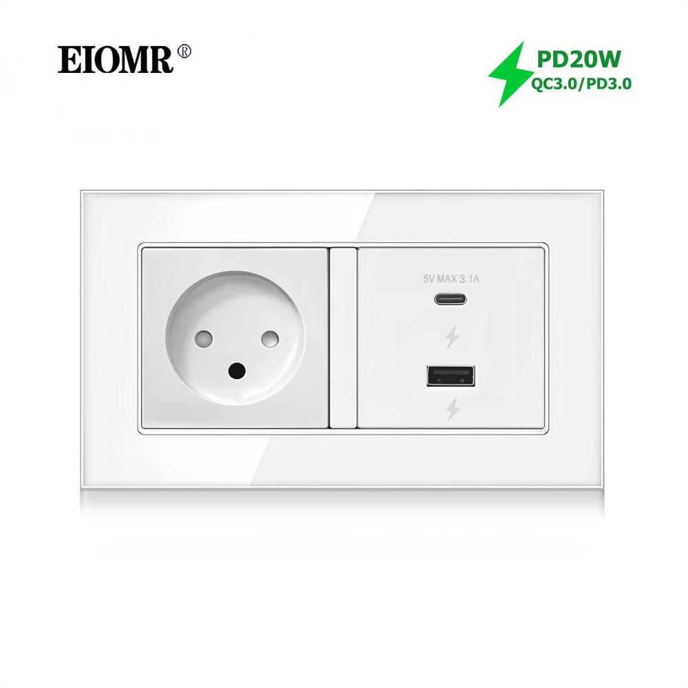 EIOMR 16A Израильская настенная розетка, USB A C порт для зарядки, Белая панель из хрустального стекла, Одиночная, Двойная, Тройная, Израильский тип C розетка