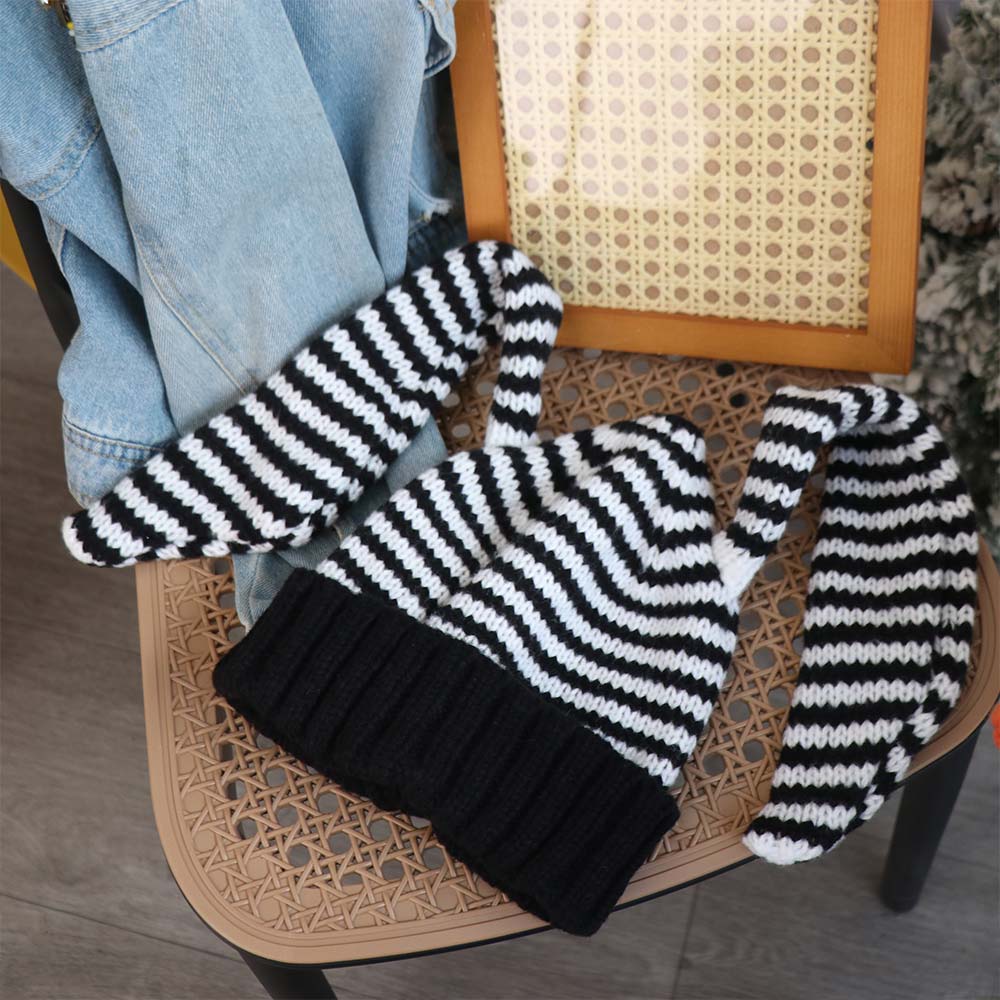 Harajuku Women Beanie Hat Y2K Stripe Skull Cap Casual Rabbit Ears Hat Outdoor