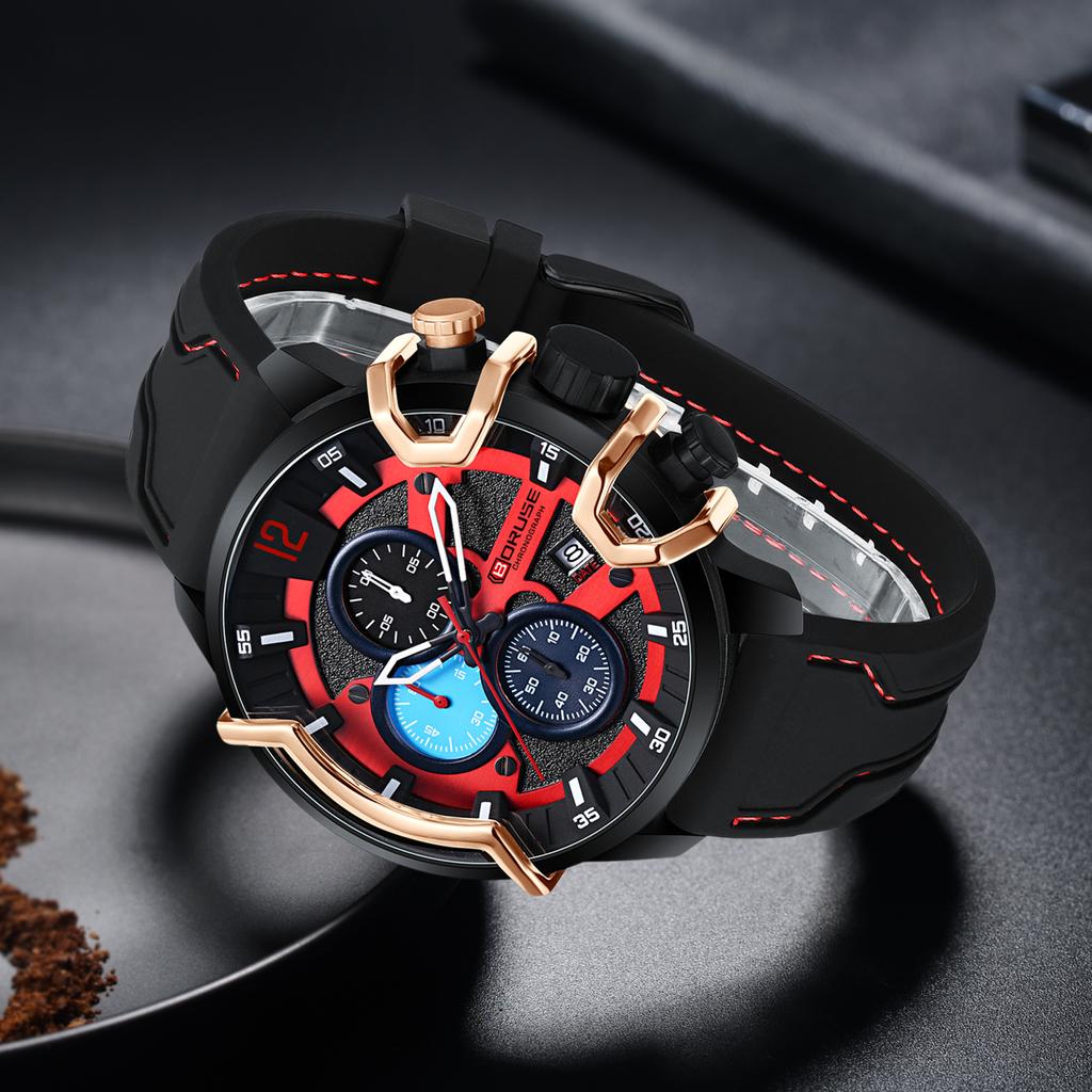 BORUSE Fashion Men's Watch Pointer Quartz Men's Watch Large Dial Men's Watch Calendar Men's Watch Silicone Strap Watch for Men