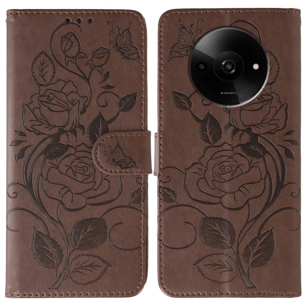 For Xiaomi Poco C61 4G/Redmi A3 4G Case Wallet Stand Imprinted Rose Butterfly PU Leather Phone Cover