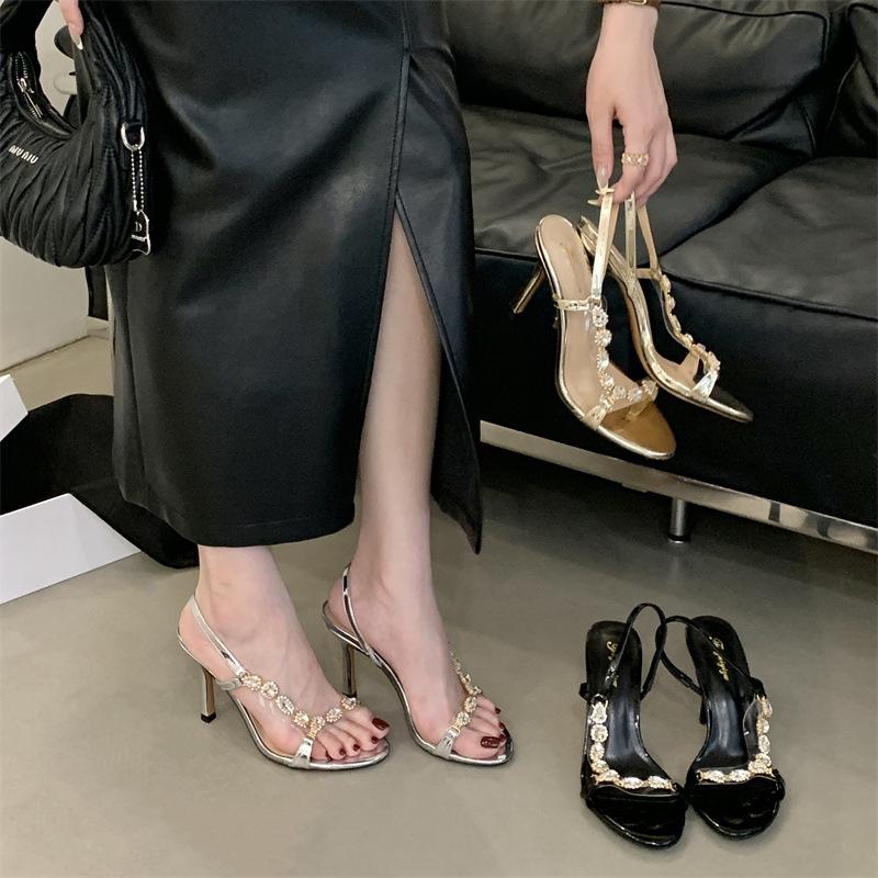 Sandals SocialiteStyle Thin Heel Gold Women's Summer Rhinestone Open Toe Ankle Strap Sexy High Heels