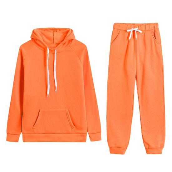 2 Pcs/Set Women Hoodie Pants Suit Solid Color Plush Long Sleeves Thick Top Elastic Waist Ankle-banded Trousers Sport Fitness