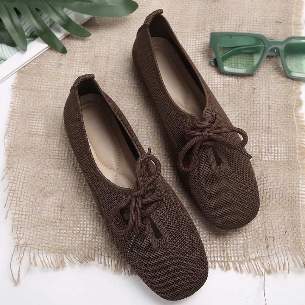 2024 осенние сетчатые дышащие женские туфли на плоской подошве, однотонные простые балетки на плоской подошве, женские повседневные прогулочные туфли на шнуровке для женщин