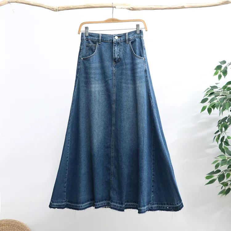 Длинная джинсовая юбка больших размеров, женская осенняя тонкая драпировка, полудлинная юбка-зонтик А-силуэта с высокой талией
