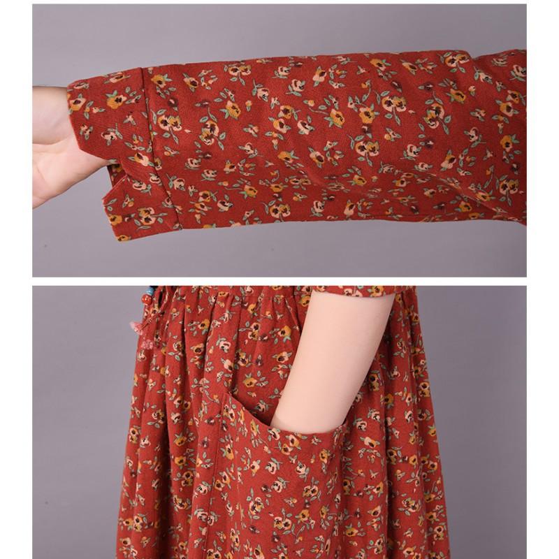 Womens Vintage Floral Long Dress Loose Fit Sleeve Swing Casual