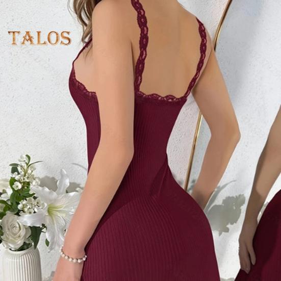 Женская ночная рубашка на бретельках, сексуальная кружевная отделка, ребристый трикотаж, ночная рубашка, летнее мини-платье без рукавов на тонких бретельках с V-образным вырезом