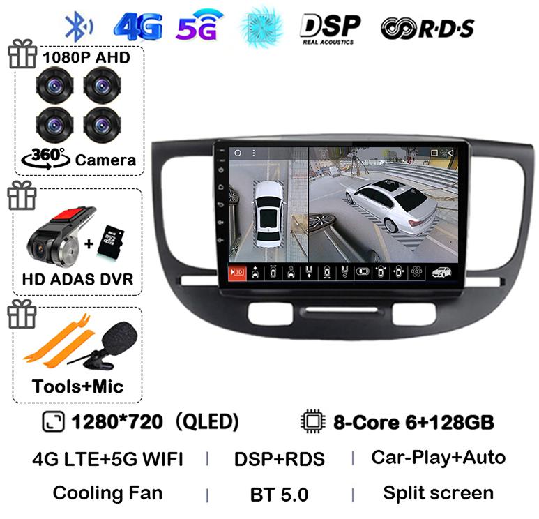 Android 14 Carplay Auto Автомагнитола Стерео Для Kia RIO 2 RIO2 2005-2008 2009 2010 2011 Мультимедийный Плеер GPS WIFI+4G Камера 360 BT