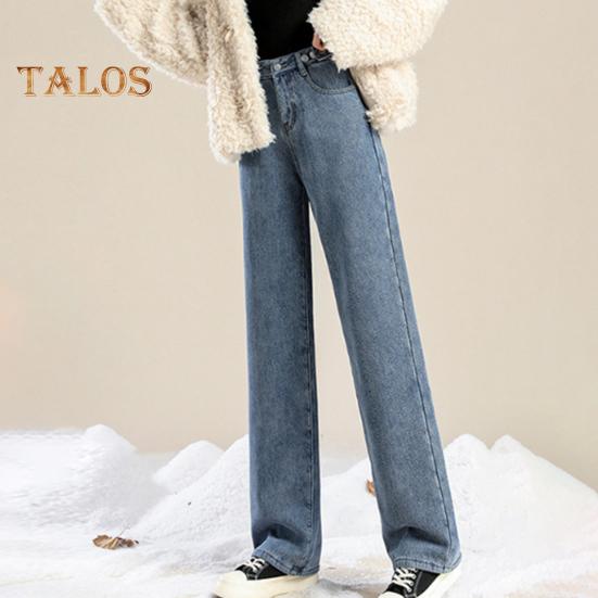 Женские зимние джинсы с высокой талией, застежкой-молнией, подкладкой из толстого бархата, свободным кроем, карманами, прямыми широкими штанинами, повседневными длинными брюками