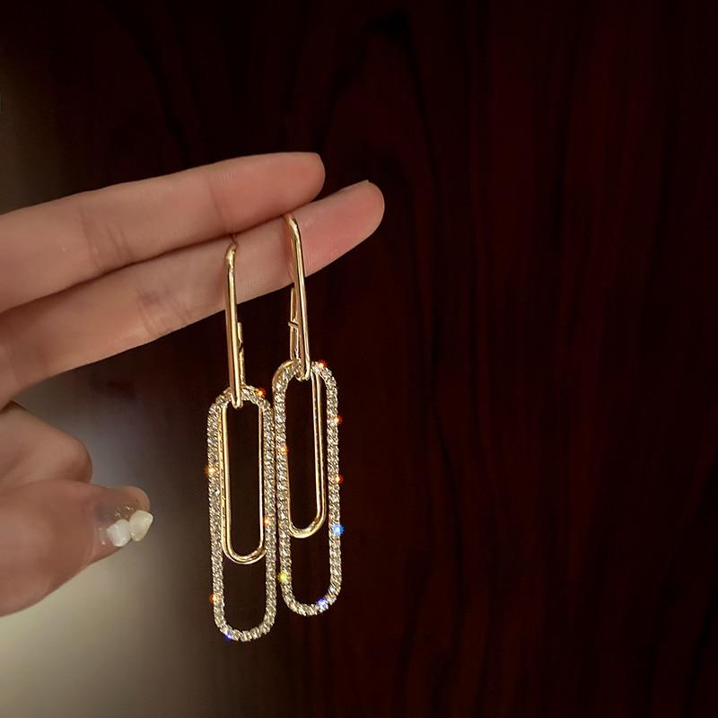 Long Tassel Shiny Golden Rectangle Drop Geometric Earrings For Women Wedding Engagement Party Jewelry