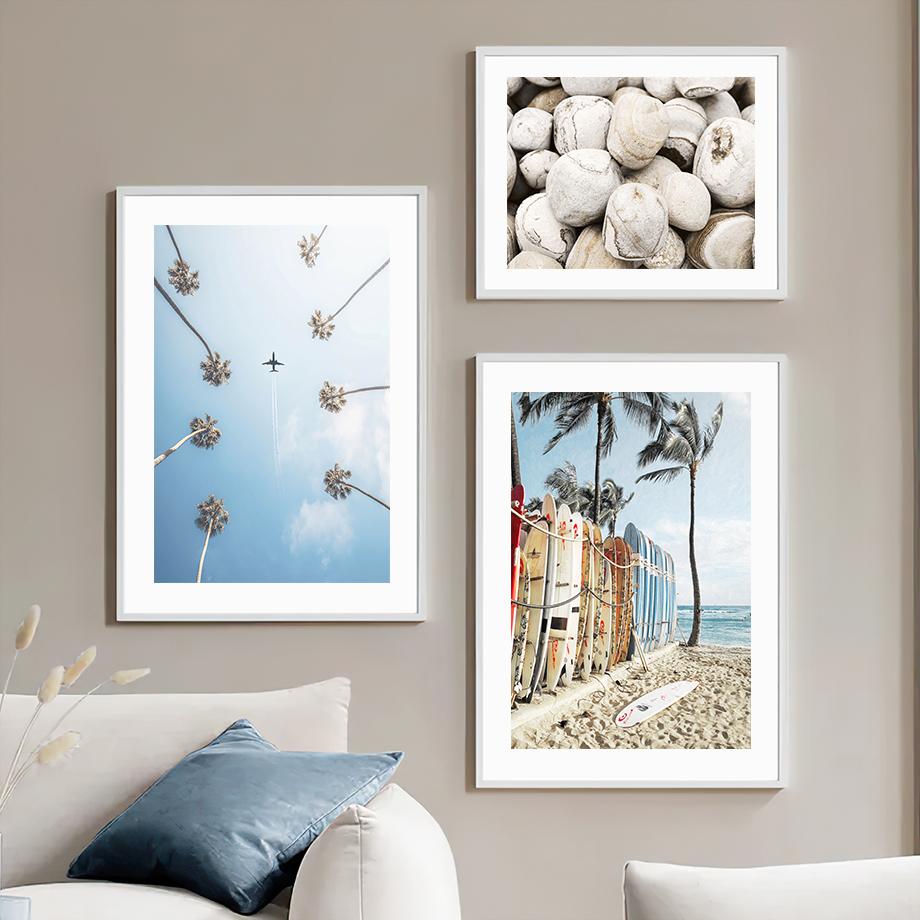Blue Sea Beach Car Surfboard Tree Wall Art Canvas Painting Seascape Posters Prints Hotel Bar Wall Pictures For Living Room Decor