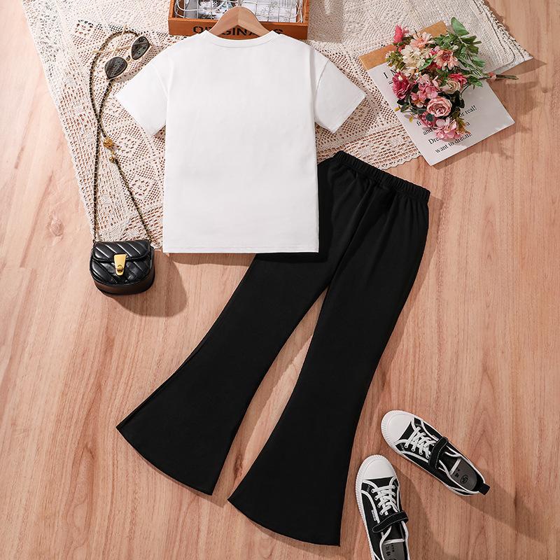 Костюм для девочек, летняя детская футболка с короткими рукавами и надписью, повседневные брюки, модный костюм из двух частей