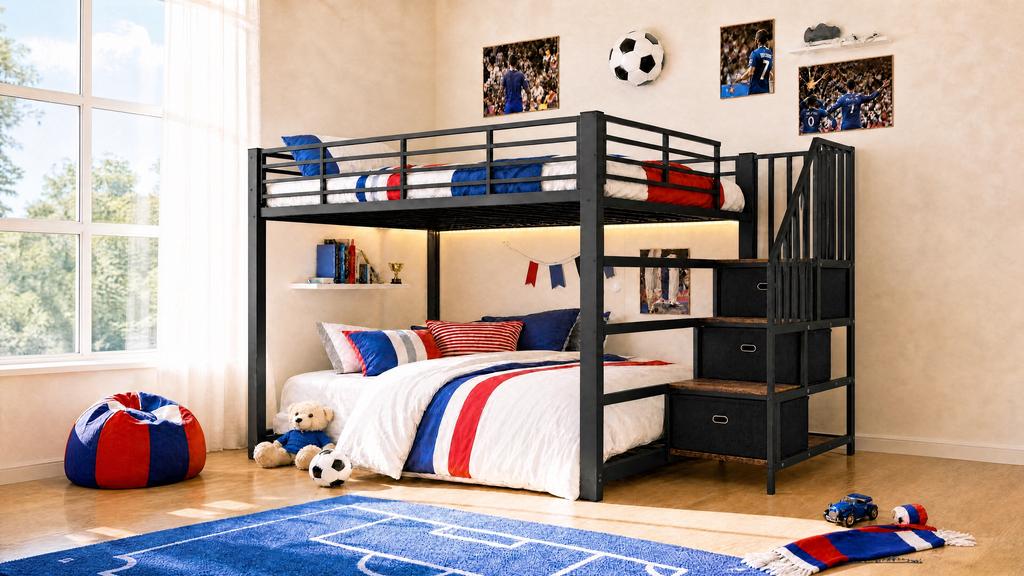 Bunk Bed 140x200 cm for Adults, Metal Bunk Bed with Stairs, Storage, LED Light Strip and Socket, Flexibly Mountable on Left or Right, Black
