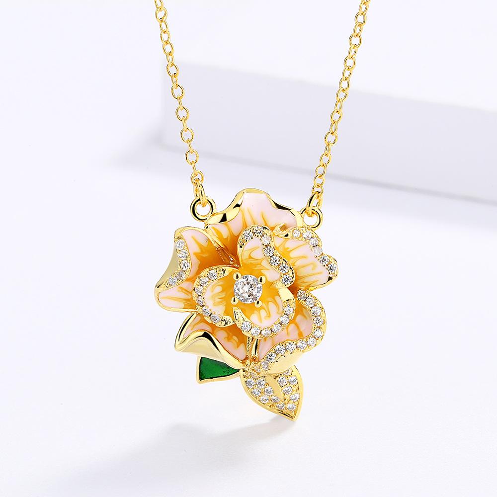 Elegant European Flower Necklace Camellia Green Leaf Enamel Pendant