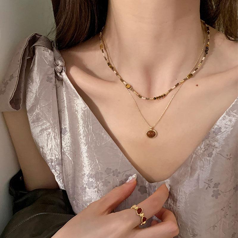 Niche Retro Tiger'S Eye Stone Beaded Stacked Necklace Female Maillard Unique Personality Fashion Versatile Neck Chain Sweater Chain