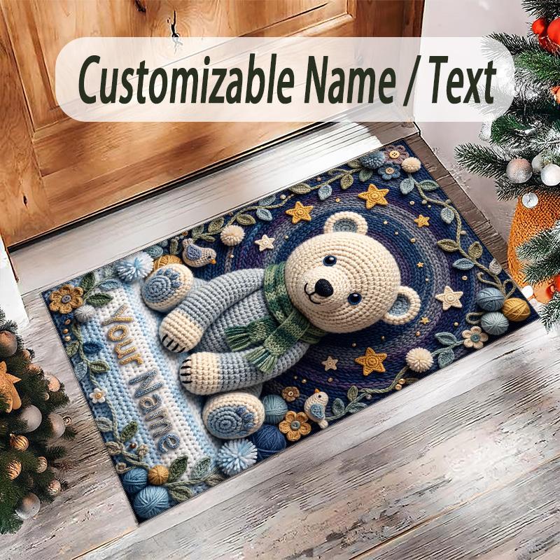 Teddy Bear Theme Crystal Velvet Rug Personalized Custom Name Text Soft Floor Mat Home Decor