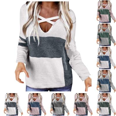 Женский свободный трикотажный свитер с V-образным вырезом и контрастным цветным принтом, футболка для женщин